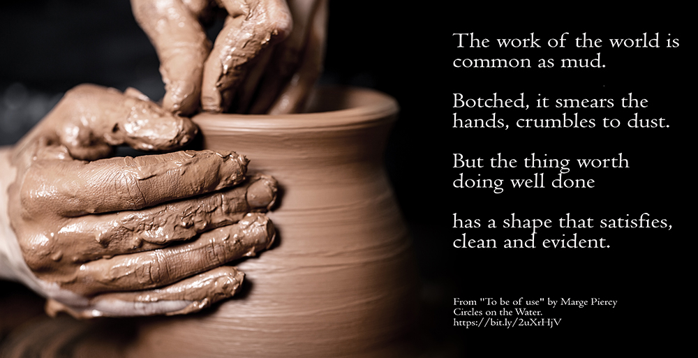 Hands of potter making clay pot, closeup photo